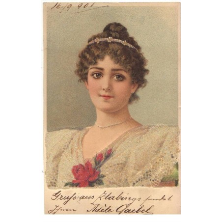 n°17651 - Carte à Paillettes - Portrait d'une Jeune femme