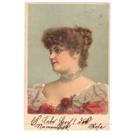 n°17652 - Carte à Paillettes - Portrait d'une Jeune femme de profil