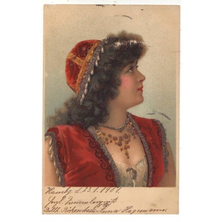 n°17653 - Carte à Paillettes - Portrait d'une Jeune femme de profil