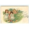 n°17668 - Carte Gaufrée - Fröhliche Ostern - Fillettes regardant des oeufs décorés et des poussins