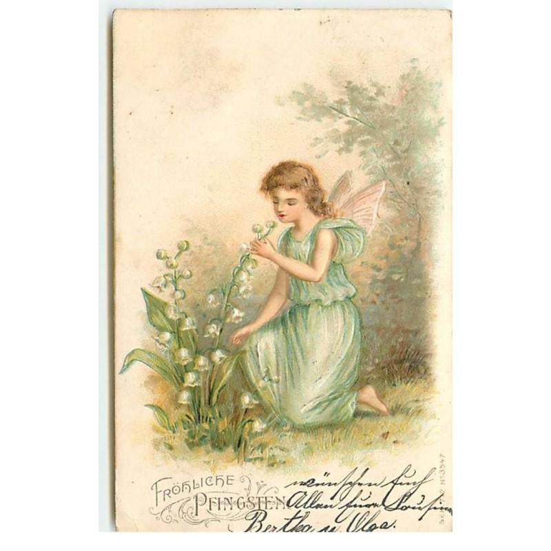 n°17670 - Carte Gaufrée - Fröhliche Pfingsten - Sylphide sentant des brins de muguet