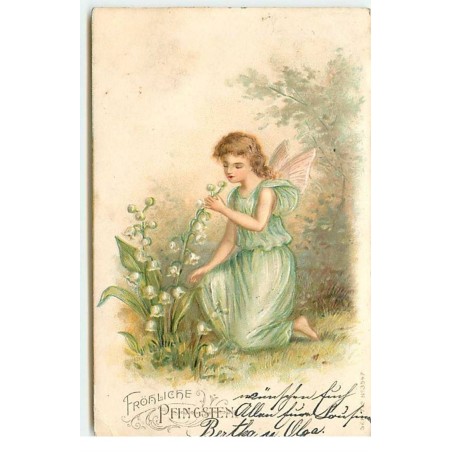 n°17670 - Carte Gaufrée - Fröhliche Pfingsten - Sylphide sentant des brins de muguet