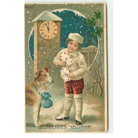 n°17682 - Carte Gaufrée - Glückliches Neujahr - Chien près d'un garçon tenant des lettres