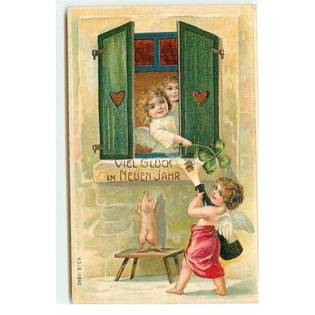 n°17684 - Carte Gaufrée - Viel Glück Neun Jahr - Ange débouchant une bouteille de champagne - cochon