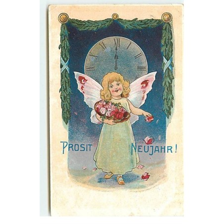 n°17686 - Carte Gaufrée - Prosit Neujahr ! - Ange jetant des fleurs sous une pendule