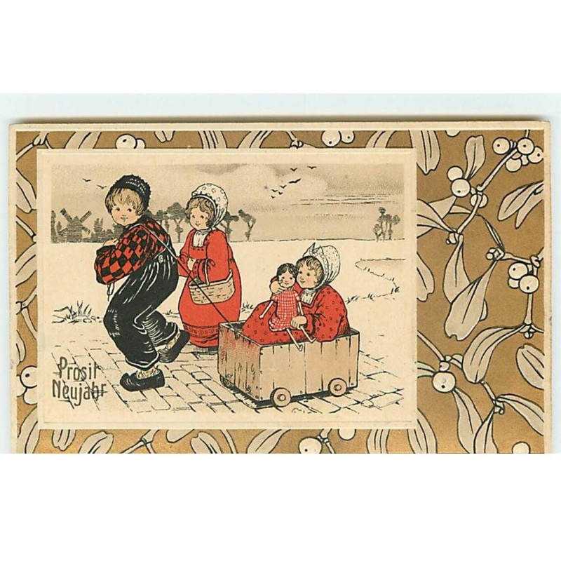 n°17688 - Carte Gaufrée - Prosit Neujahr - Fillette dans une caisse en bois tiré par un garçon