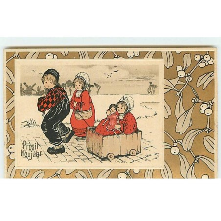 n°17688 - Carte Gaufrée - Prosit Neujahr - Fillette dans une caisse en bois tiré par un garçon
