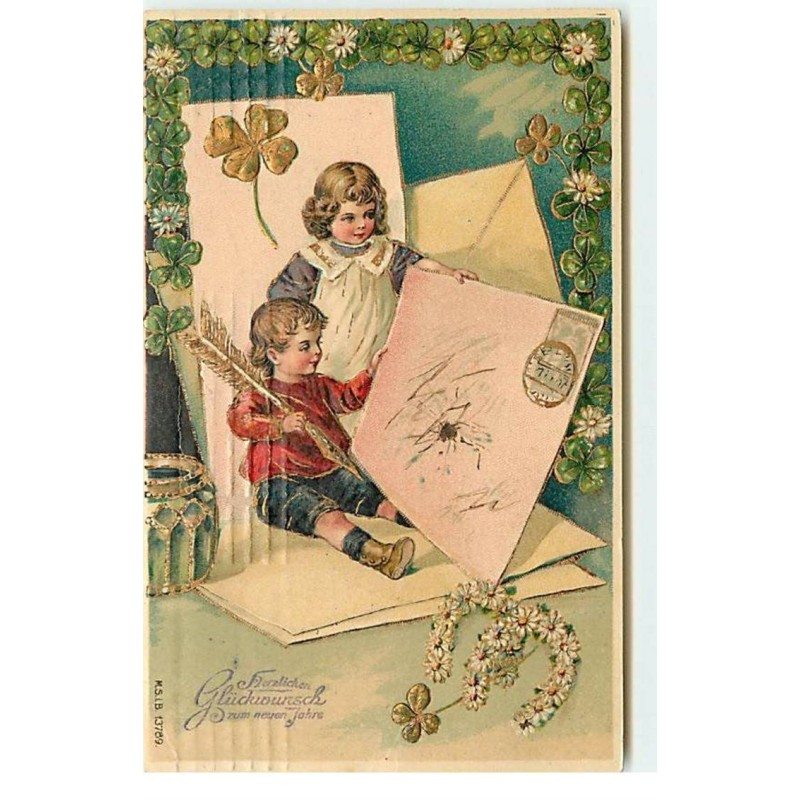 n°17689 - Carte Gaufrée - Herzlichen Glückwunsch zum neuen Jahre - Enfants écrivant une lettre