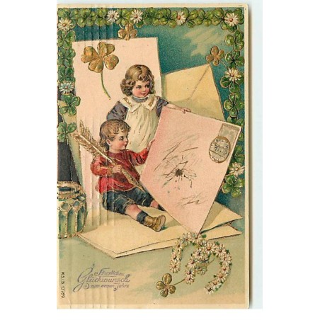 n°17689 - Carte Gaufrée - Herzlichen Glückwunsch zum neuen Jahre - Enfants écrivant une lettre