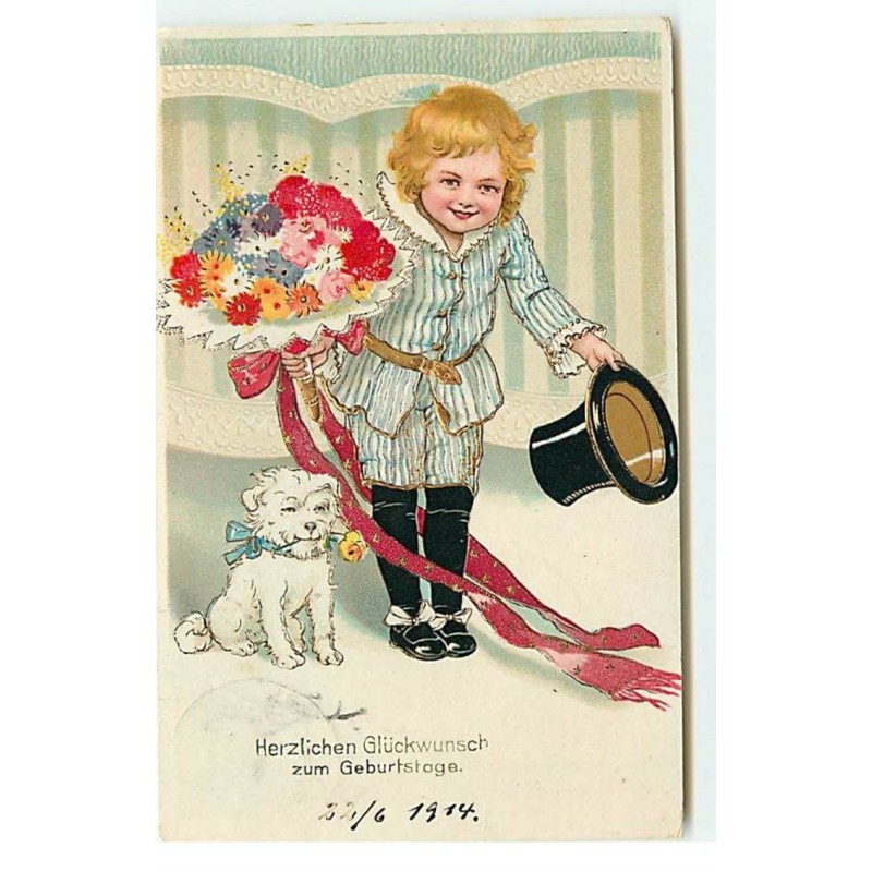 n°17693 - Flatscher - Enfant avec un bouquet et un chien à côté