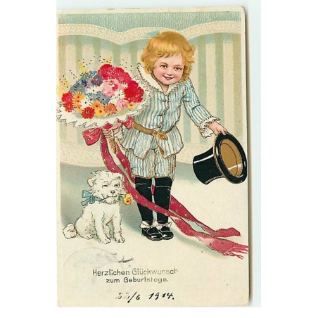n°17693 - Flatscher - Enfant avec un bouquet et un chien à côté