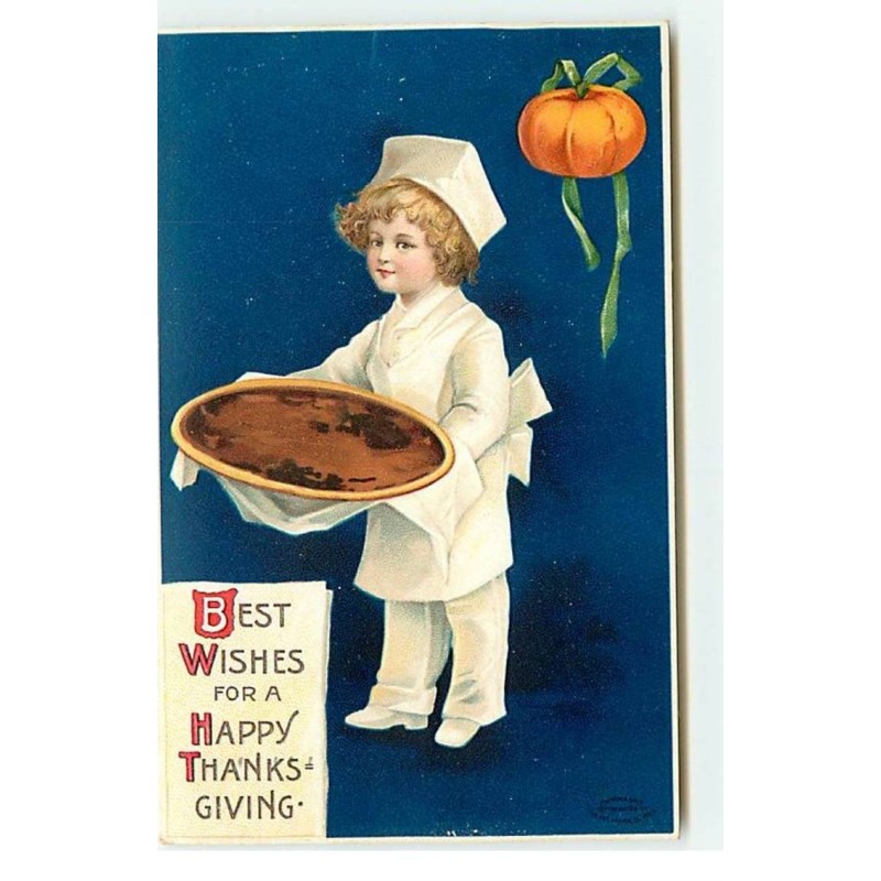 n°17696 - Carte Gaufrée Clapsaddle - Best Wishes for a Happy Thanksgiving - Cuisinier portant une tarte à la citrouille