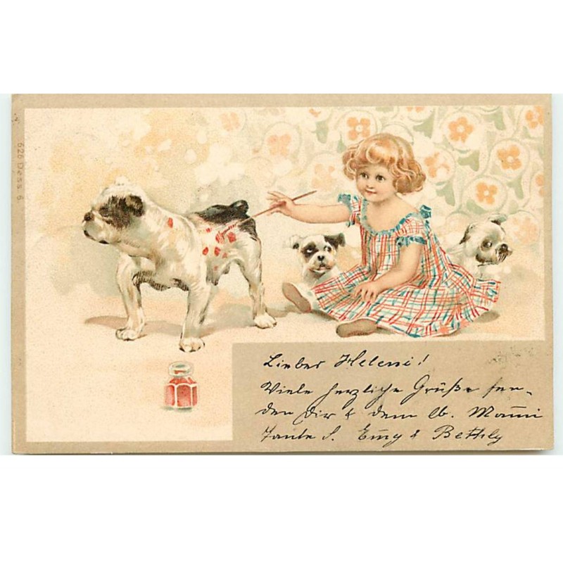 n°17698 - Fillette peignant des tâches sur un bouledogue