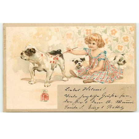 n°17698 - Fillette peignant des tâches sur un bouledogue