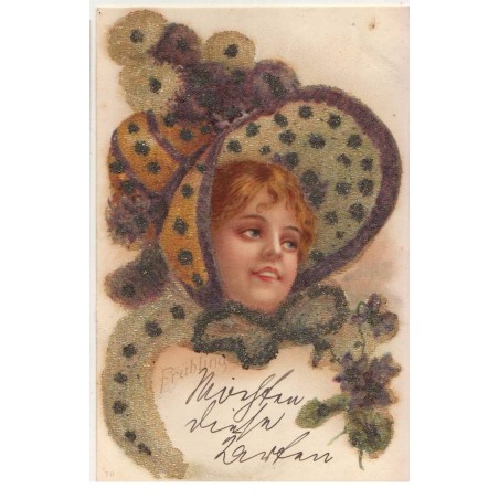 n°17702 - Carte avec perles - Jeune femme rousse avec un chapeau