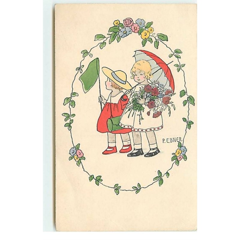 n°17713 - MM Vienne n°1153 - P. Ebner - Fillettes, avec ombrelle, bouquet, et épuisette à papillons