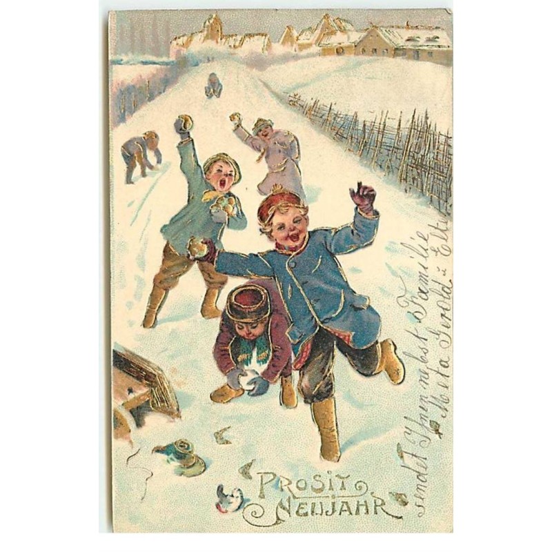 n°17726 - Carte Gaufrée - Prosit Neujahr - Enfants faisant une bataille de boules de neige