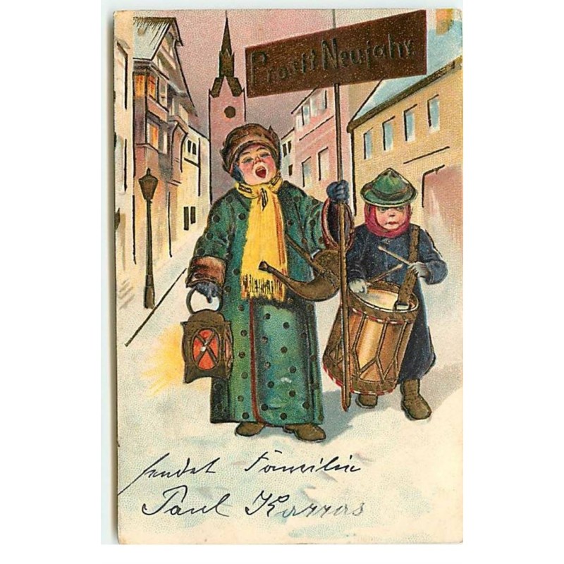 n°17727 - Carte Gaufrée - Prosit Neujahr - Veilleur de nuit, et enfant jouant du tambour
