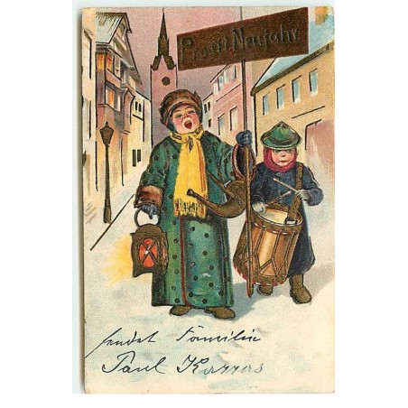 n°17727 - Carte Gaufrée - Prosit Neujahr - Veilleur de nuit, et enfant jouant du tambour