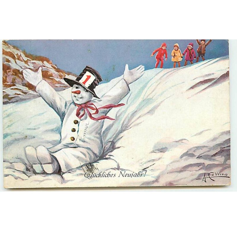 n°17734 - A. Collino - Glückliches Neujahr - Bonhomme de neige en bas d'une colline