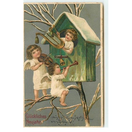 n°17735 - Carte Gaufrée - Brundage - Glückliches Neujahr - Anges jouant de la musique près d'un perchoir