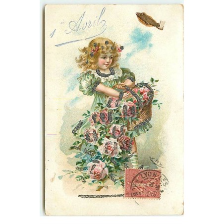 n°17740 - Carte Gaufrée avec paillettes - 1er Avril - Fillette portant un panier rempli de roses