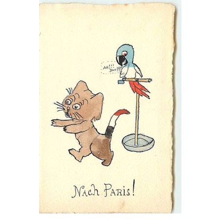 n°17747 - Carte peinte à la main - Patriotique - Nach Paris - Chat et Perroquet