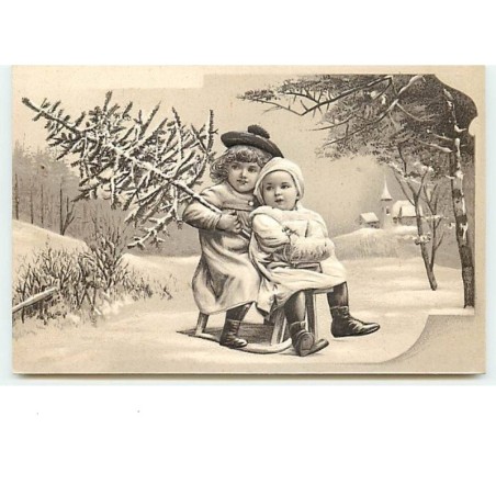 n°10722 - Carte Fantaisie Gaufrée - Noël - Enfants sur une luge n°1