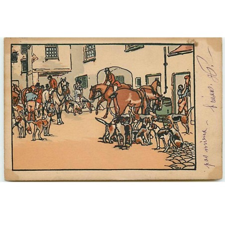 n°17768 - MM Vienne n°145 - Evans Linton - Cavaliers et chiens d'une meute sur une place dans un village