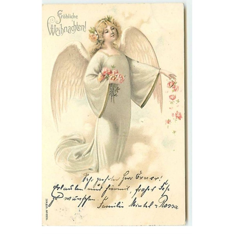 n°17779 - Carte Gaufrée - Fröhliche Weihnachten - Ange gardien lançant des roses