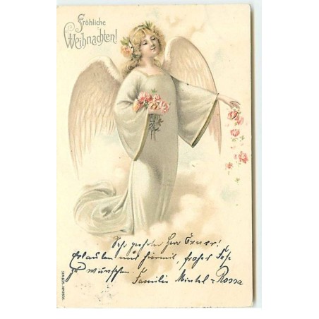 n°17779 - Carte Gaufrée - Fröhliche Weihnachten - Ange gardien lançant des roses