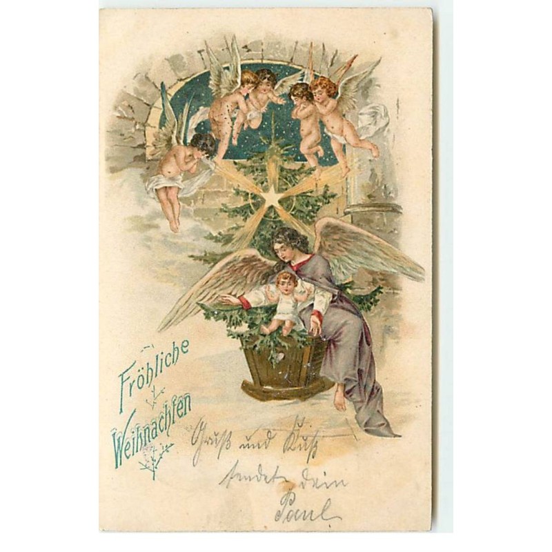 n°17780 - Fröhliche Weihnachten - Ange gardien et anges veillant sur un nouveau né