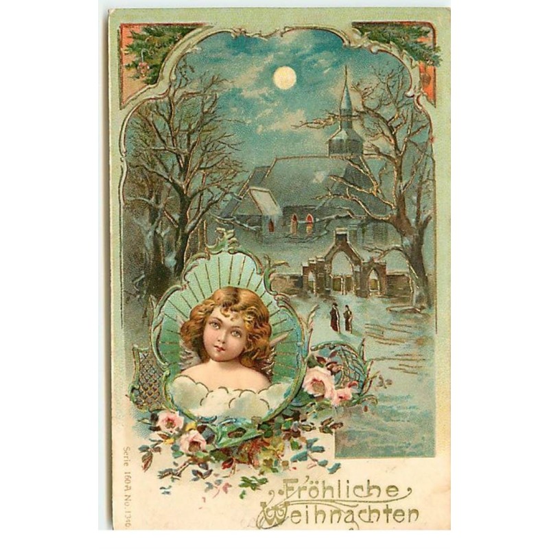 n°17782 - Carte Gaufrée - Fröhliche Weihnachten - Eglise sous la lune, portrait d'une fillette dans un médaillon