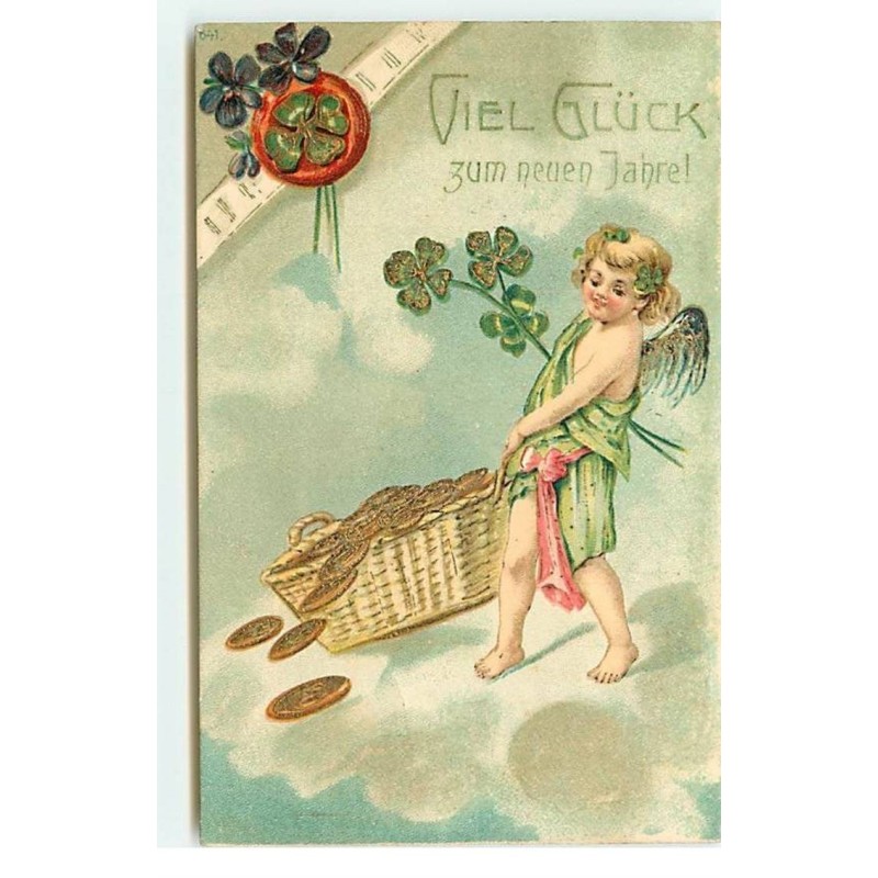 n°17787 - Carte Gaufrée - Viel Gluck zum neuen Jahre - Ange tirant un panier en osier rempli de pièces d'or