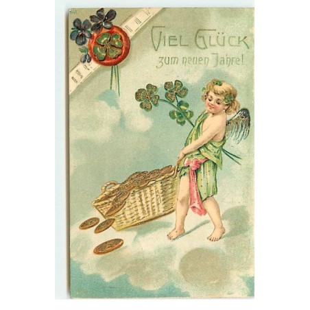 n°17787 - Carte Gaufrée - Viel Gluck zum neuen Jahre - Ange tirant un panier en osier rempli de pièces d'or