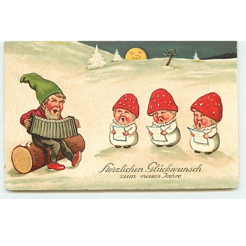 n°17789 - Herzlichen Glückwunsch zum neuen Jahre - Enfants en champigons chantant avec un lutin