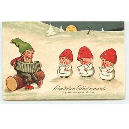 n°17789 - Herzlichen Glückwunsch zum neuen Jahre - Enfants en champigons chantant avec un lutin