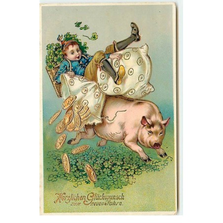 n°17790 - Garçon sur dos d'un cochon avec un sac rempli de pièces d'or