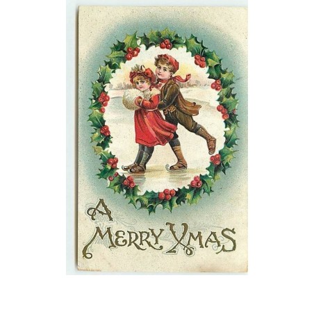 n°10726 - Carte Fantaisie Gaufrée - A Merry Christmas - Enfants faisant du patin à glace