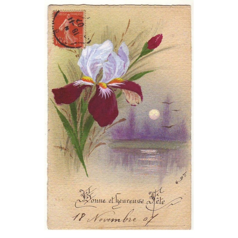 n°17797 - Bonne et Heureuse Fête - Iris au bords de l'eau au clair de lune - Carte peinte à la main