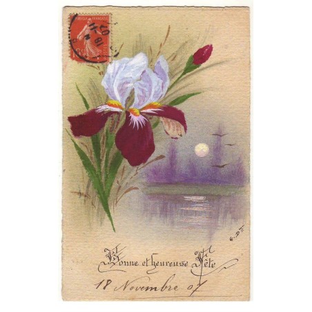 n°17797 - Bonne et Heureuse Fête - Iris au bords de l'eau au clair de lune - Carte peinte à la main