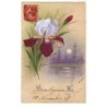 n°17797 - Bonne et Heureuse Fête - Iris au bords de l'eau au clair de lune - Carte peinte à la main