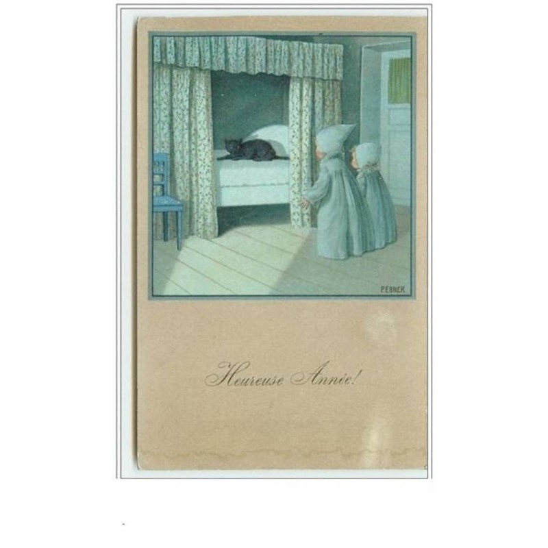n°178 - Pauli Ebner - Heureuse Année - Enfants et chat noir sur leur lit
