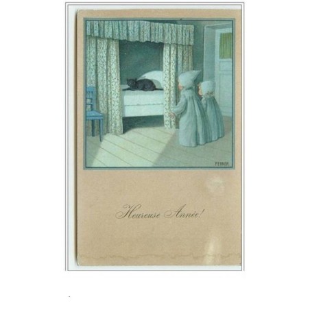 n°178 - Pauli Ebner - Heureuse Année - Enfants et chat noir sur leur lit