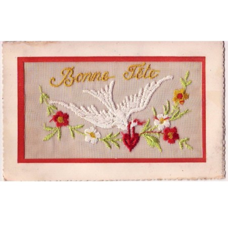 n°17801 - Carte Brodée - Bonne Fête - Colombe avec un coeur dans le bac