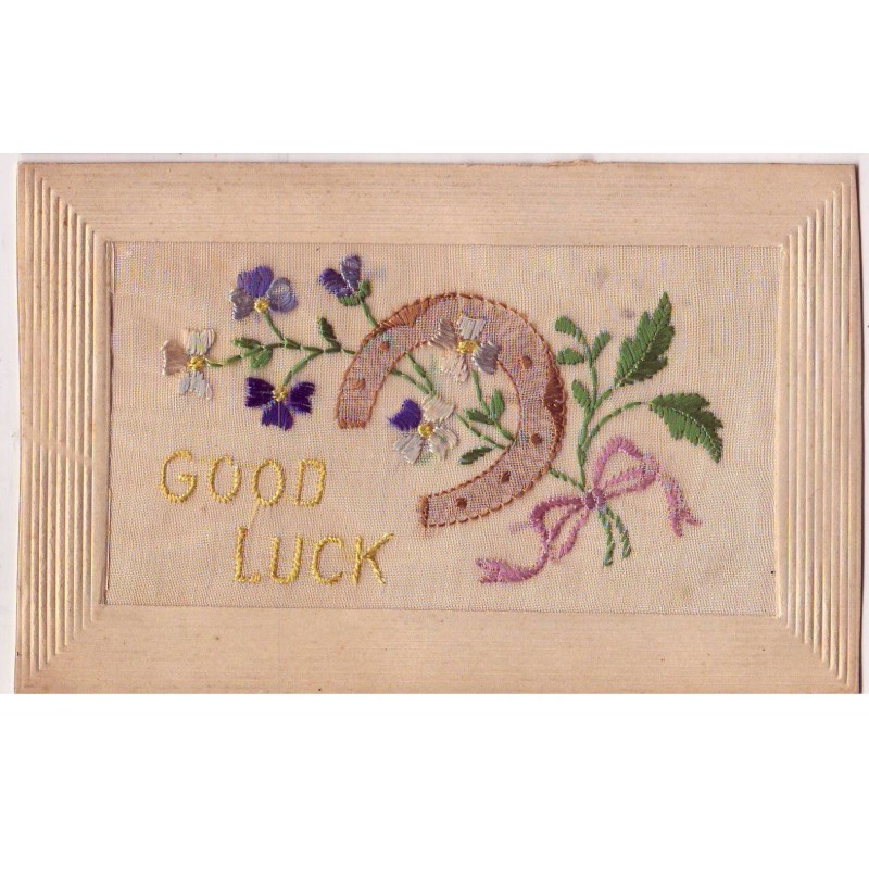 n°17804 - Carte Brodée - Good Luck - Fer à Cheval et Fleurs