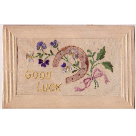 n°17804 - Carte Brodée - Good Luck - Fer à Cheval et Fleurs