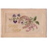n°17804 - Carte Brodée - Good Luck - Fer à Cheval et Fleurs