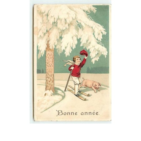 n°10736 - Carte Fantaisie Gaufrée - Bonne Année - Enfant et Cochon