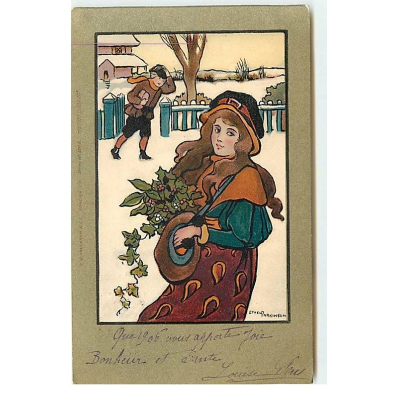 n°17823 - Ethel Parkinson - Jeunes gens dans un jardin enneigé